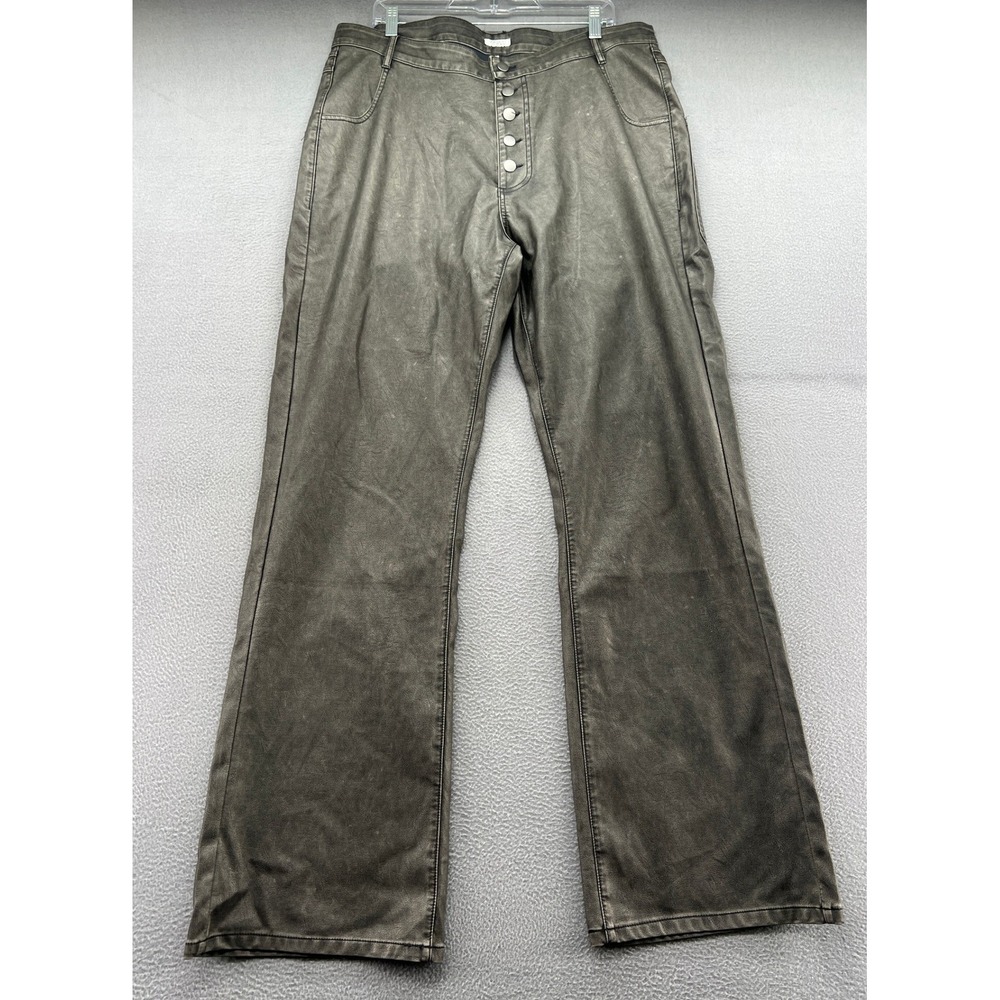 Profit Minded Pants Mens Grey Faux Leather Wide Leg Button Fly 36x34 Distressed